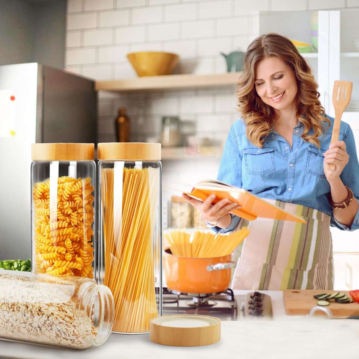 Glass Storage Containers with Lids, Glass Jars with Airtight Lid for Cookie, Pasta, Rice, Cereal, Flour Sugar Containers Storage, 3Pcs 80Oz Kitchen Canisters with Screw on Bamboo Lid