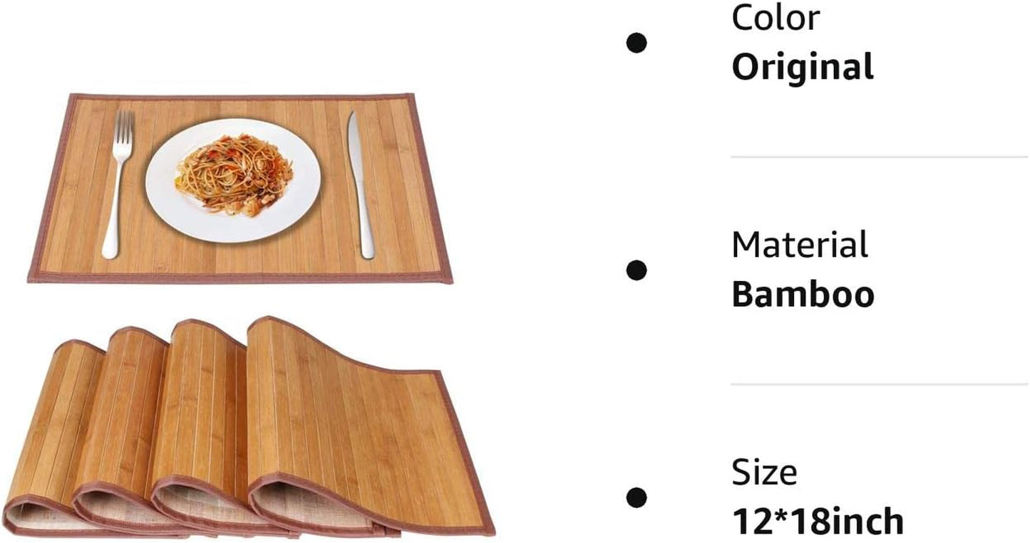Bamboo Placemats for Dining Table, Placemats Set of 4,Stain-Resistant,Heat-Resistant Place Mats,Durable and Sturdy Dining Place Mats for Kitchen Table (1218Inch, Original)