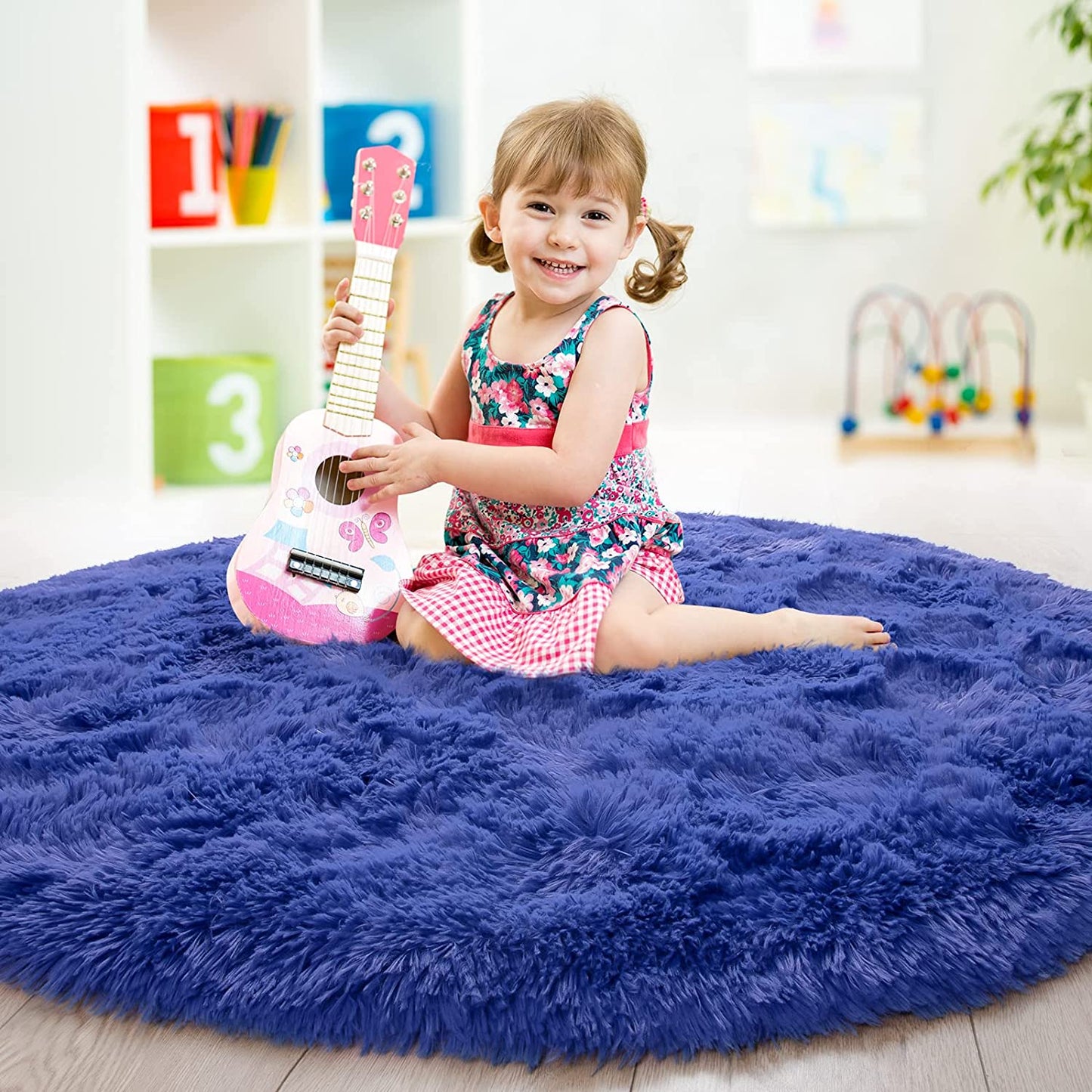 round Rug 6X6 Feet Fluffy Soft Area Rugs for Kids Girls Room Princess Castle Plush Shaggy Carpet Cute Circle Nursery Rug for Kids Teen'S Bedroom Home Decor Large Circular Carpet, Light Navy