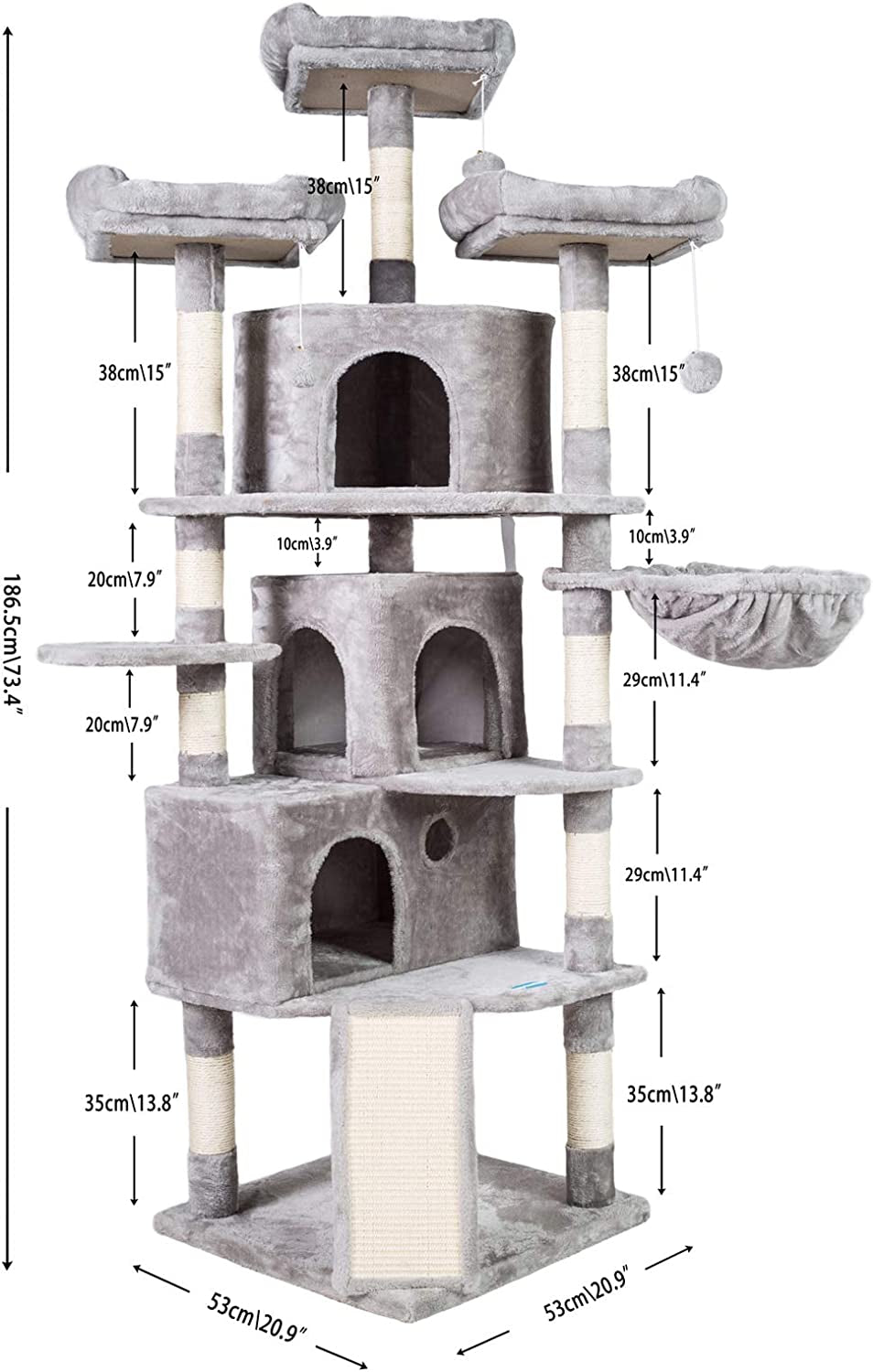 XL Cat Tree, 73.4 Inch Cat Tower with 3 Caves, 3 Cozy Perches, Scratching Posts, Board, Activity Center Stable for Kitten/Big Cat, Light Gray MPJ032W