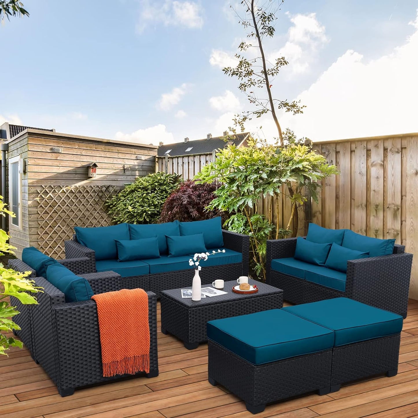 Patio Furniture Set 7 Pieces Couch Outdoor Chairs Coffee Table Peacock Blue Anti-Slip Cushions and Waterproof Covers
