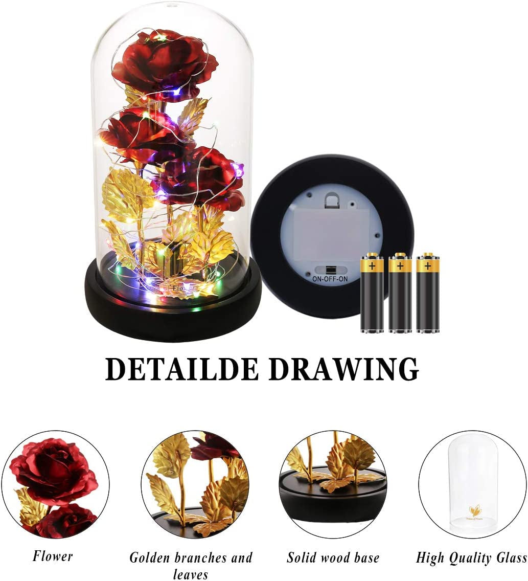 Valentines Day Gifts Beauty and the Beast Rose 24K Red Rose in Glass Dome, Light up Rose, Forever Artificial Flowers, Enchanted Red Rose Gift for Her on Valentines Day Wedding