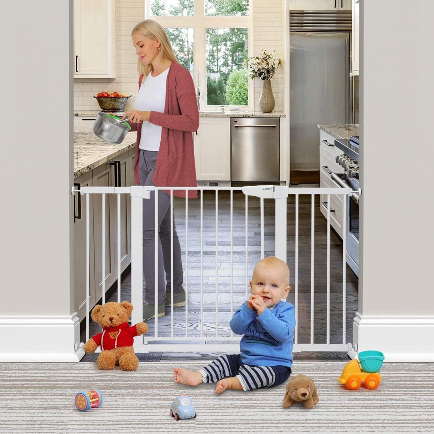 29.7"-51.5" Baby Gate Extra Wide, Safety Dog Gate for Stairs, Easy Walk Thru Auto Close Pet Gates for the House, Doorways, Child Gate Includes 4 Wall Cups,White, Mom'S Choice Awards Winner