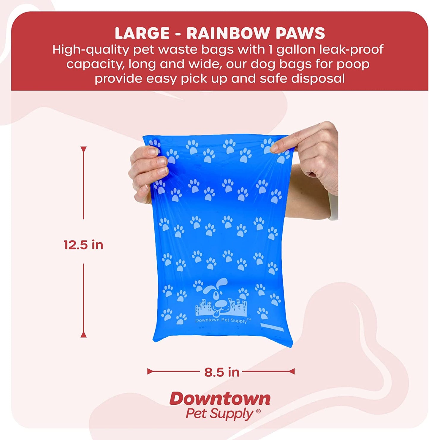 180 Count Unscented Dog Waste Bags with Dog Poop Bag Dispenser, Rainbow with Paw Prints - Leak-Proof Dog Poop Bags Refills with Leash Clip and Bone Bag Dispenser - 12.5 X 8.5"