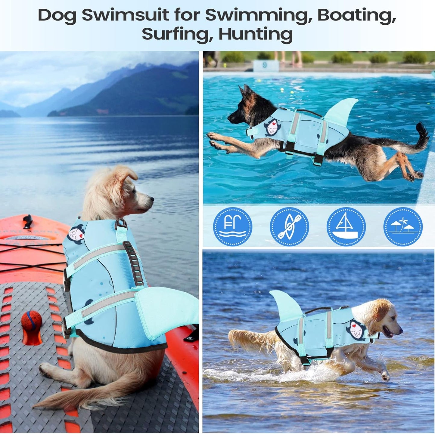 Dog Life Jacket, Large Dog Life Vest for Swimming Boating, Shark Life Jackets for Small Medium Large Dogs, Reflective Dog Lifesaver Life Preserver Swimsuit with Rescue Handle and High Buoyancy