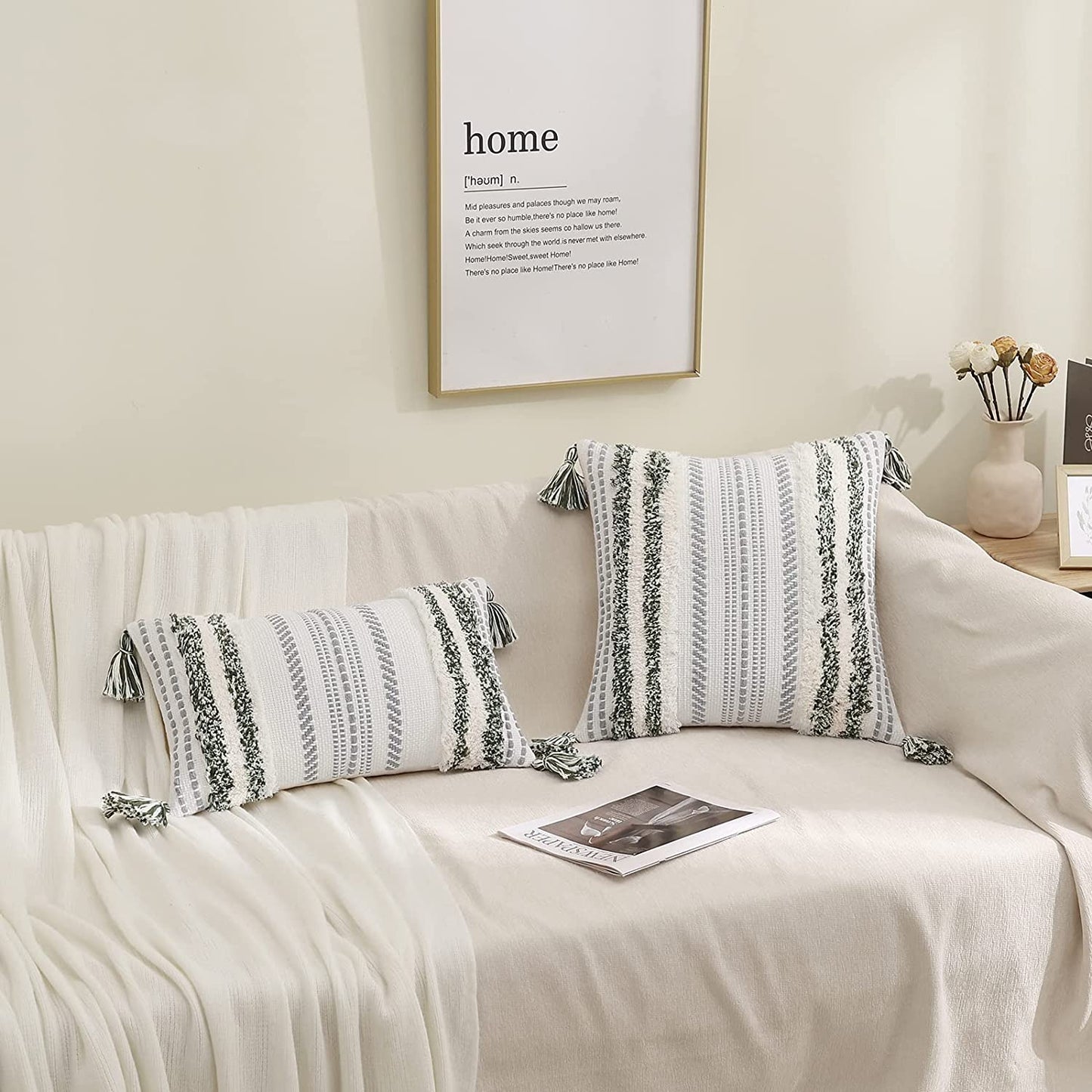 Decorative Boho Throw Pillow Covers 12X20, Lumbar Accent Neutral Tufted Pillow Covers for Couch Bed Sofa, Textured Striped Pillow Covers, Green and Cream White, Pack of 1