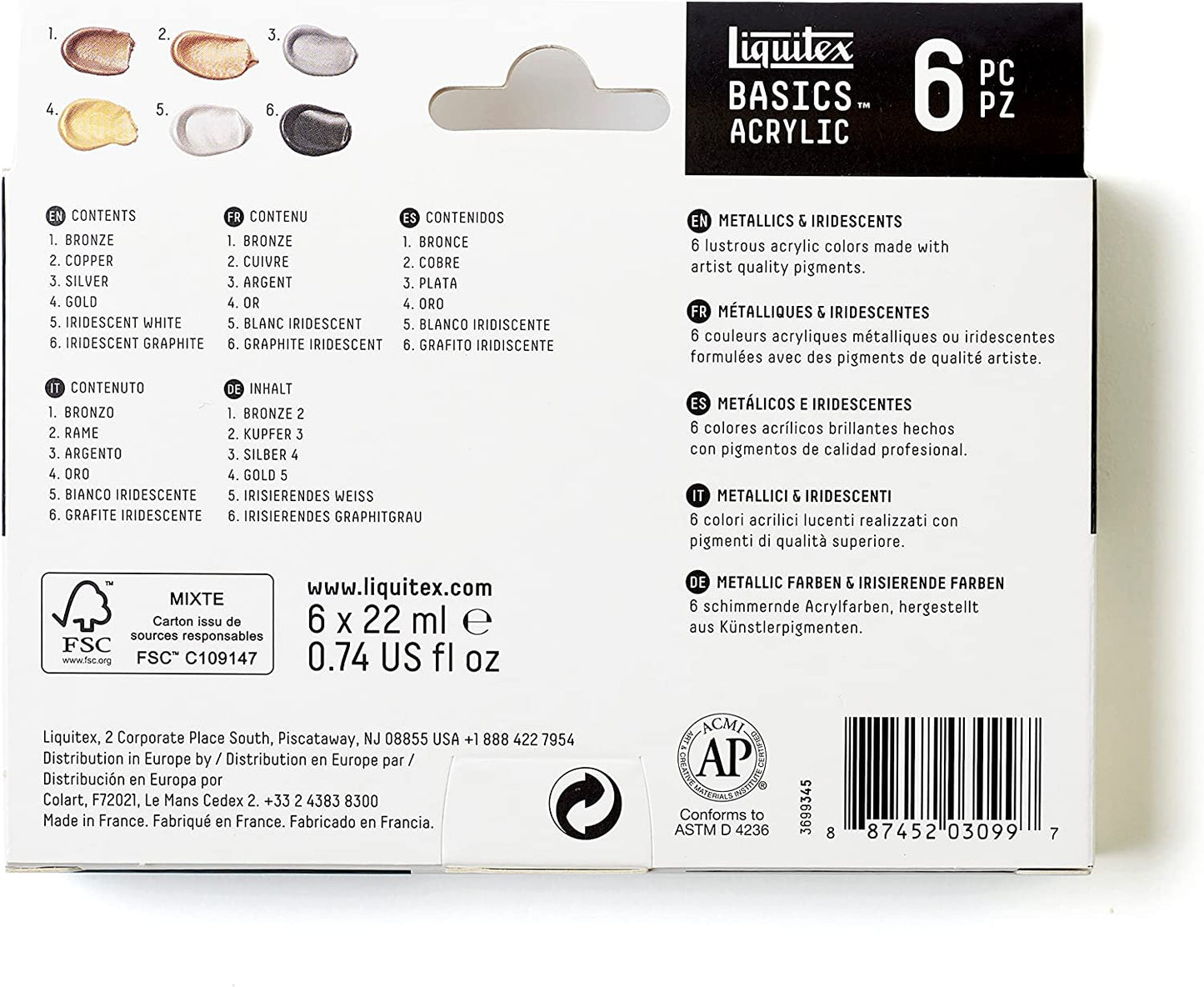 BASICS Acrylic Paint Set, 6 X 22Ml (0.74-Oz) Tube Paint Set, Metallic & Iridescent