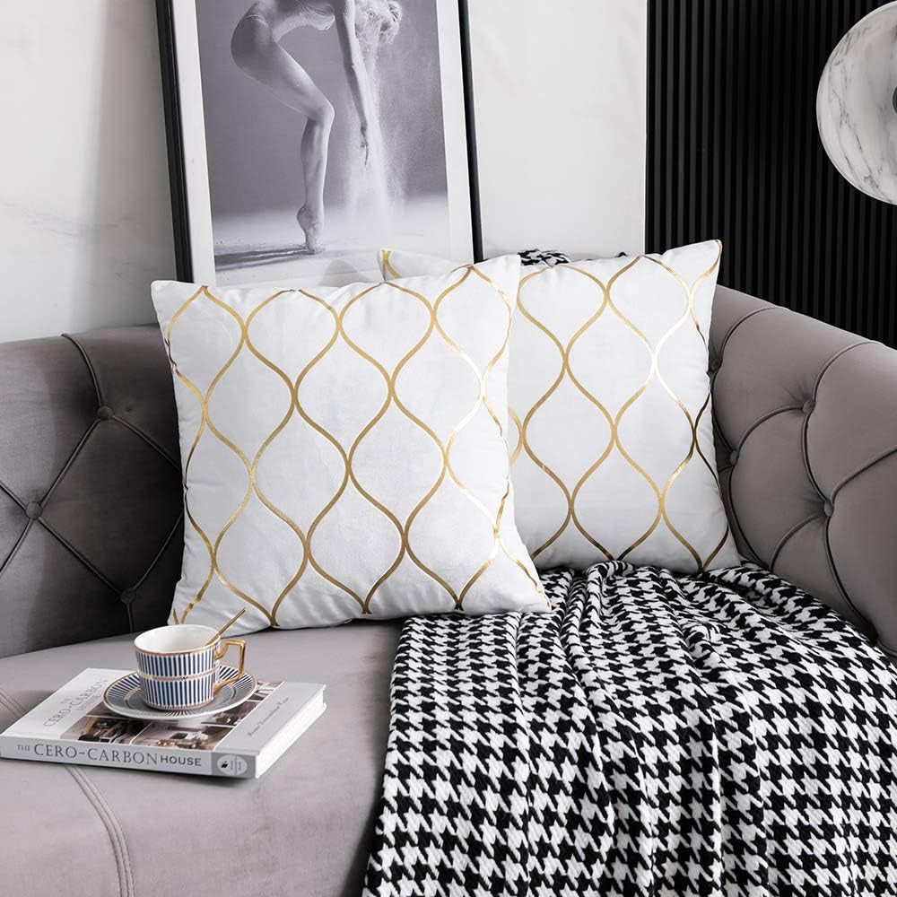 Gold Velvet Throw Pillow Covers off White: 2 Pack 18X18 Inch Square Decorative Pillow Cases for Bedroom Sofa Couch Living Room