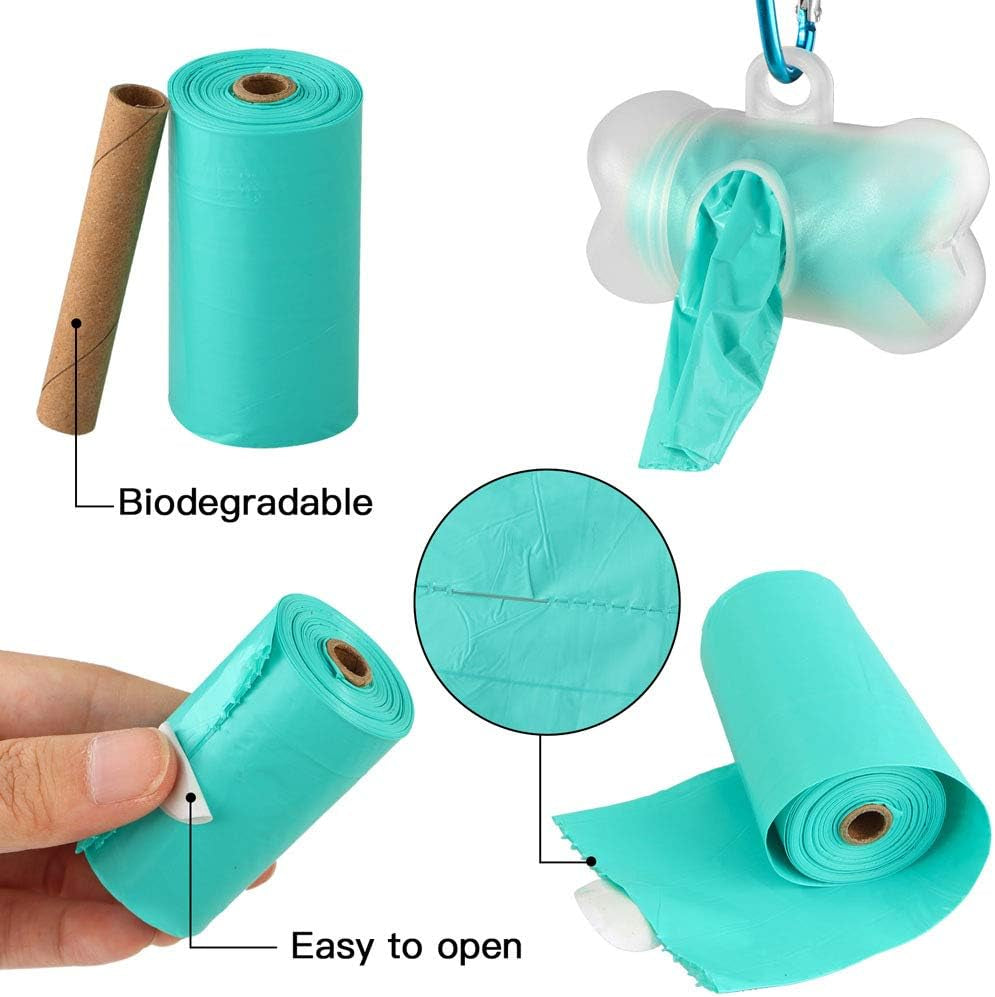 Dog Poop Bags - Leak-Proof Dog Waste Bags, Clean up Pet Poo Bag Refills 9 Rolls /135 Count, (Greenish-Blue) Includes Free Bone Dispenser and D-Ring Carabiners Clip
