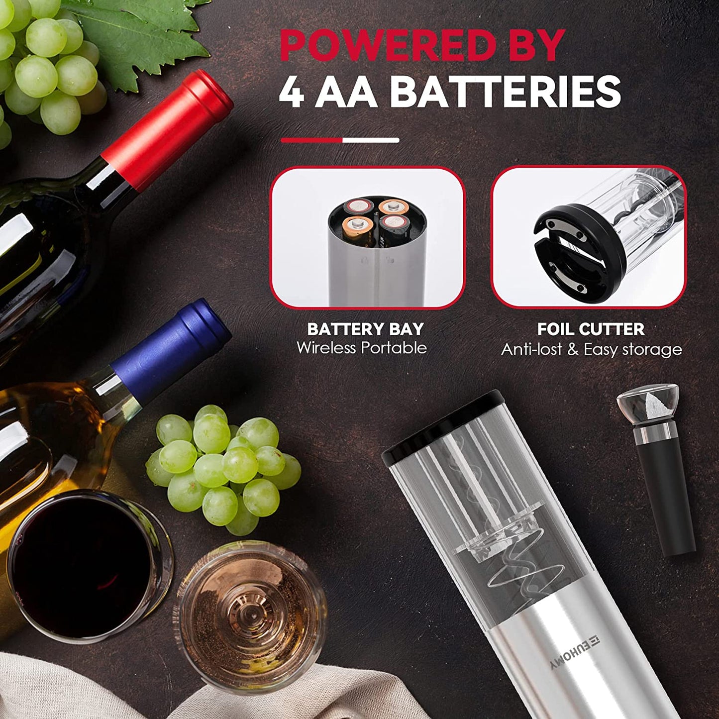 Electric Wine Opener with Battery,Reusable Stainless Steel Cordless Electric Wine Bottle Opener SET with 2-In-1 Aerator &Pourer, Foil Cutter, Vacuum Preservation Stoppers