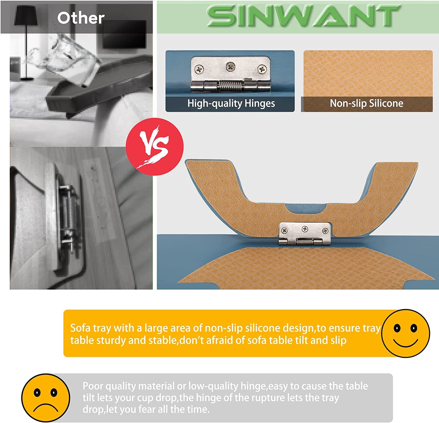 SINWNAT Couch Arm Tray, Bamboo Sofa Arm Clip on Tray Table,Sofa Armrest Tray with 360° Phone Holder,,Sofa Arm Table for Eating and Drinking Table