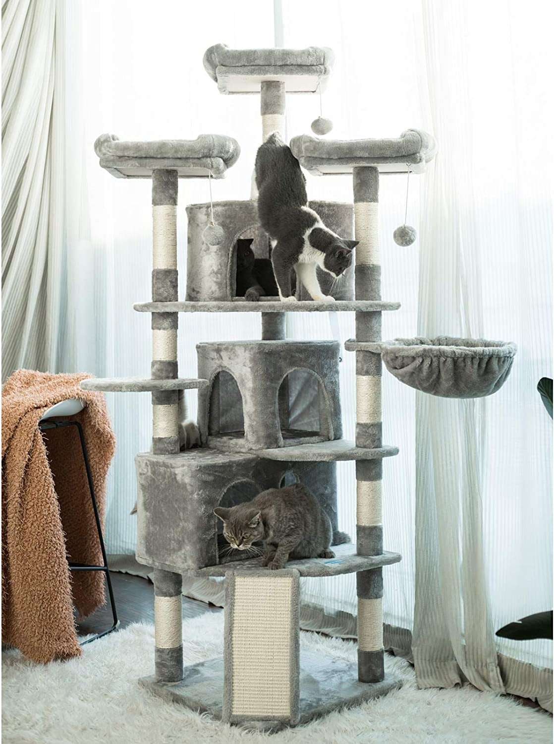XL Cat Tree, 73.4 Inch Cat Tower with 3 Caves, 3 Cozy Perches, Scratching Posts, Board, Activity Center Stable for Kitten/Big Cat, Light Gray MPJ032W