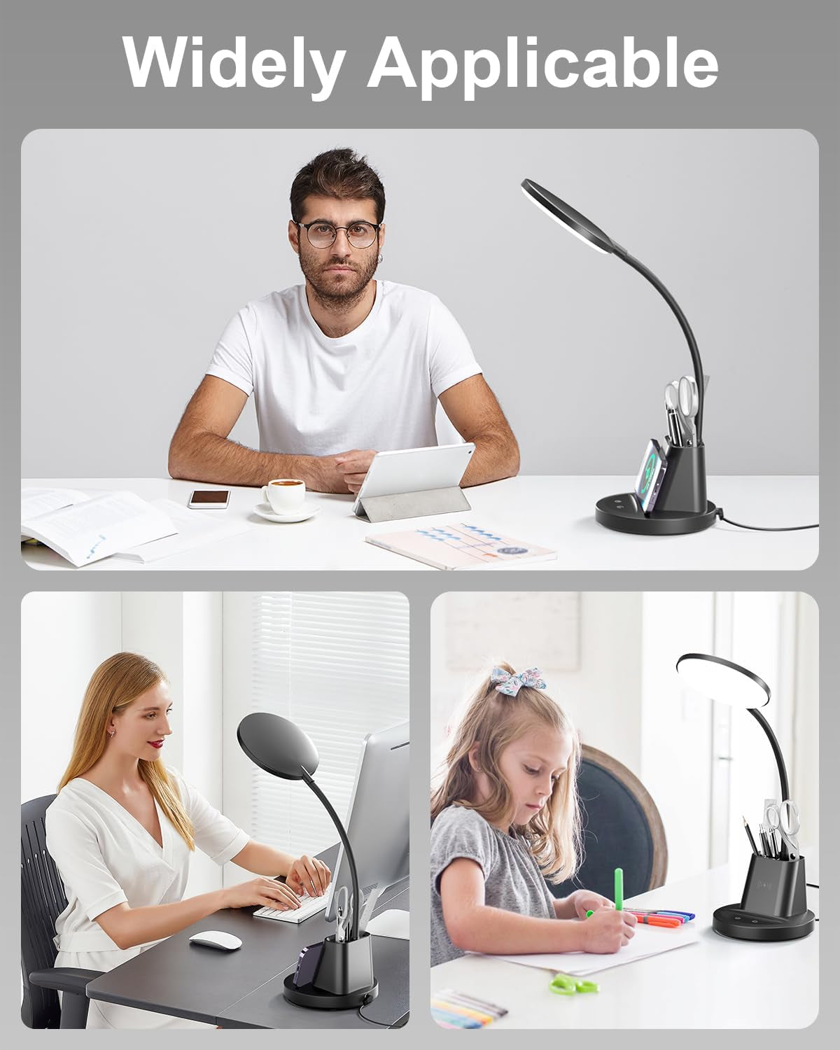 Desk Lamp with Wireless Charger for Home Office, Eye-Caring Reading Lamp 3 Color Modes Stepless Dimming LED Desk Lamp, Touch Table Lamp with Phone & Pen Holder, CRI90+, AC Adapter Included