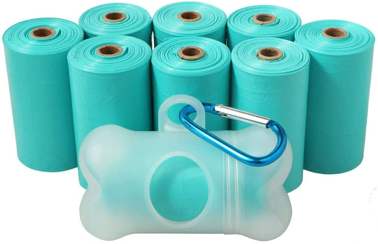 Dog Poop Bags - Leak-Proof Dog Waste Bags, Clean up Pet Poo Bag Refills 9 Rolls /135 Count, (Greenish-Blue) Includes Free Bone Dispenser and D-Ring Carabiners Clip