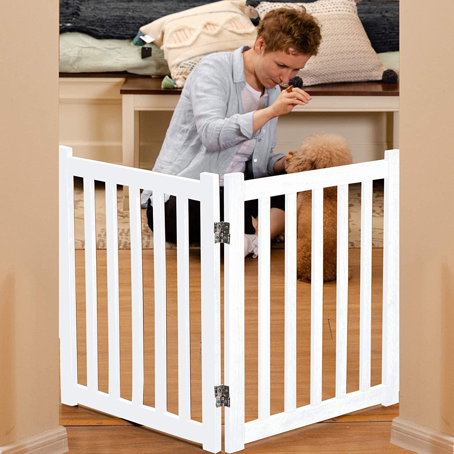 Solid Hardwood Freestanding Pet Gate,Wooden Dog Gates for Doorways,Nature Wood Dog Gates for the House,Dog Gate for Stairs,Freestanding Indoor Gate Safety Fence,White,24" Height-2 Panels