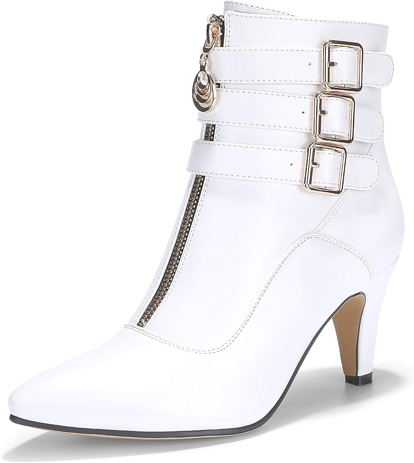 Women'S Buckle Strap Ankle Booties 3 Inch Pointed Toe Zipper Heels Dress Jeans Boots