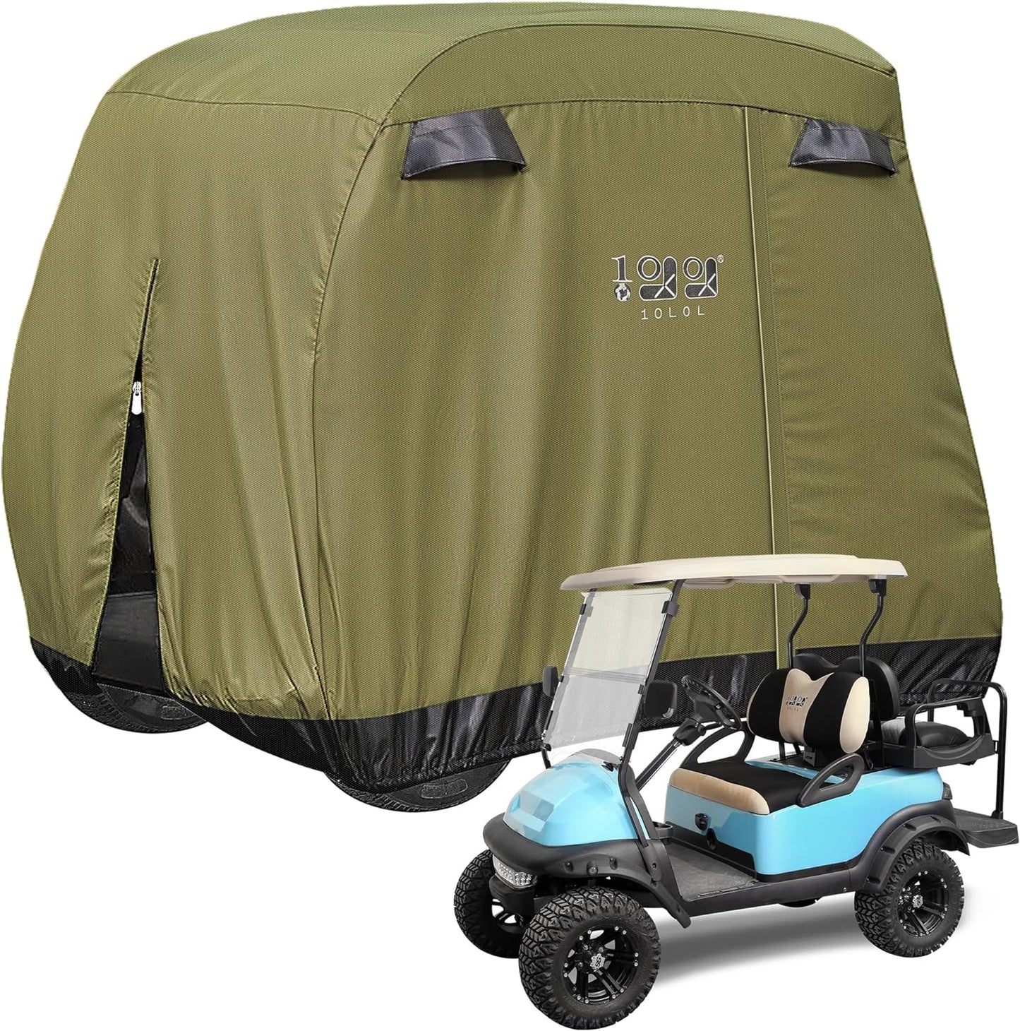 4 Passenger Golf Cart Cover Fits EZGO, Club Car, Yamaha, 400D Waterproof Windproof Sunproof Outdoor All-Weather Polyester Full Cover with Three Zipper Doors - Black/Army Green/Sliver/Camouflage