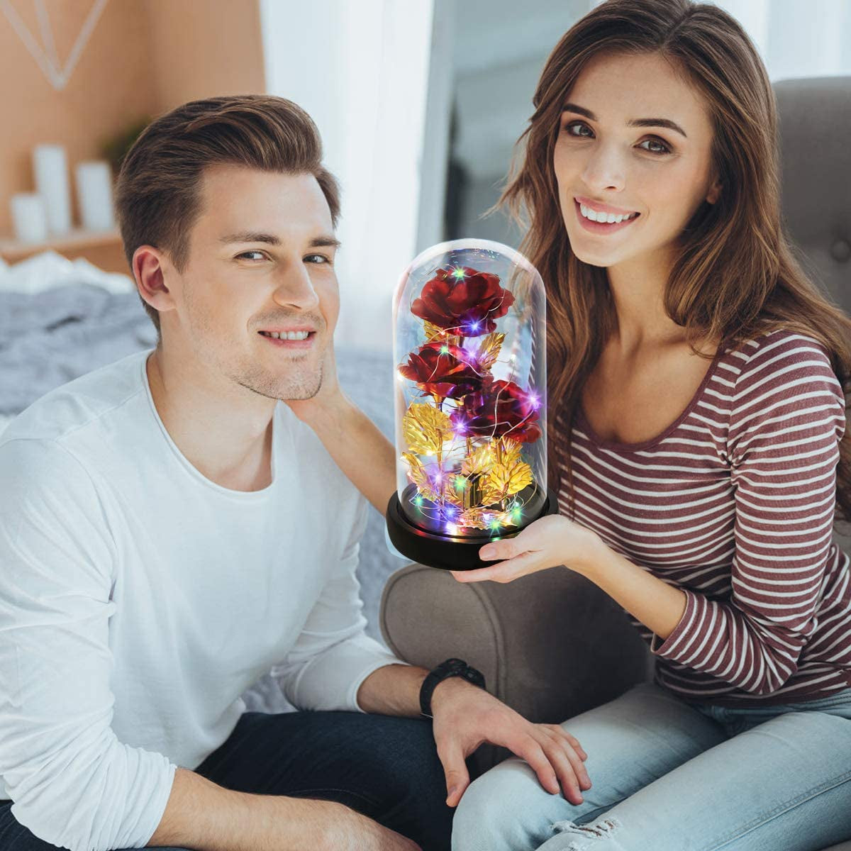Valentines Day Gifts Beauty and the Beast Rose 24K Red Rose in Glass Dome, Light up Rose, Forever Artificial Flowers, Enchanted Red Rose Gift for Her on Valentines Day Wedding