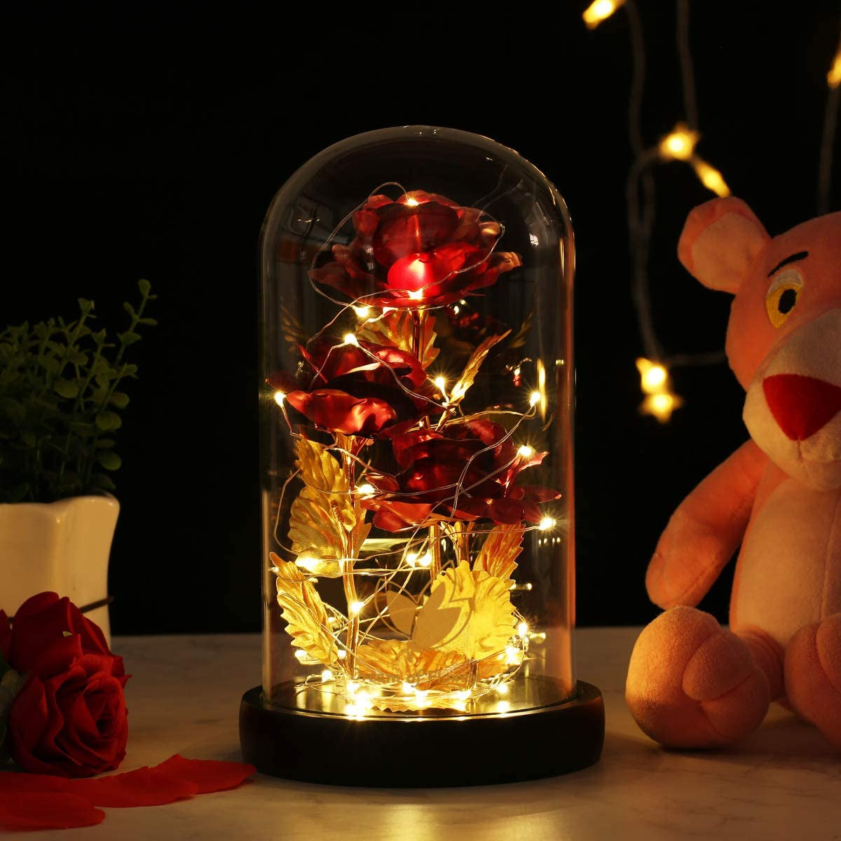 Valentines Day Gifts Beauty and the Beast Rose 24K Red Rose in Glass Dome, Light up Rose, Forever Artificial Flowers, Enchanted Red Rose Gift for Her on Valentines Day Wedding