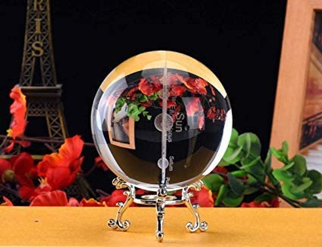 Crystal 2.4 Inch (60Mm) Solar System Crystal Ball with Sliver-Plated Flowering Stand,Fengshui Glass Ball Home Decoration