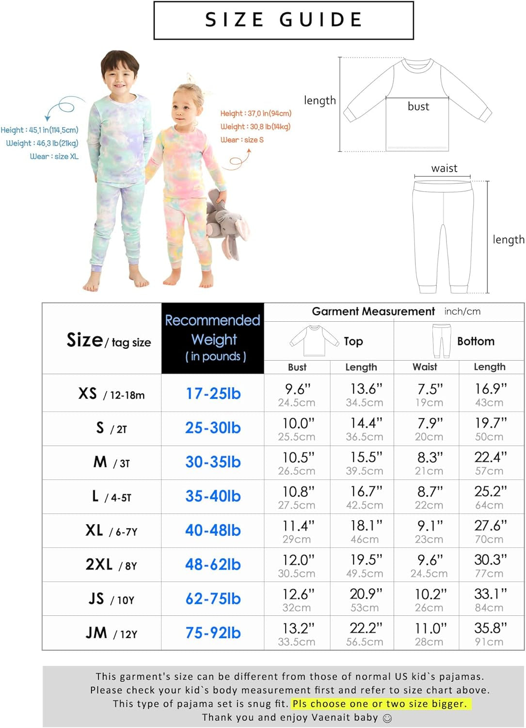 12M-12Y Toddler Kids Boys Girls 100% Cotton Marbling Tiedye Sung Fit Sleepwear Pajamas 2Pcs Pjs Set