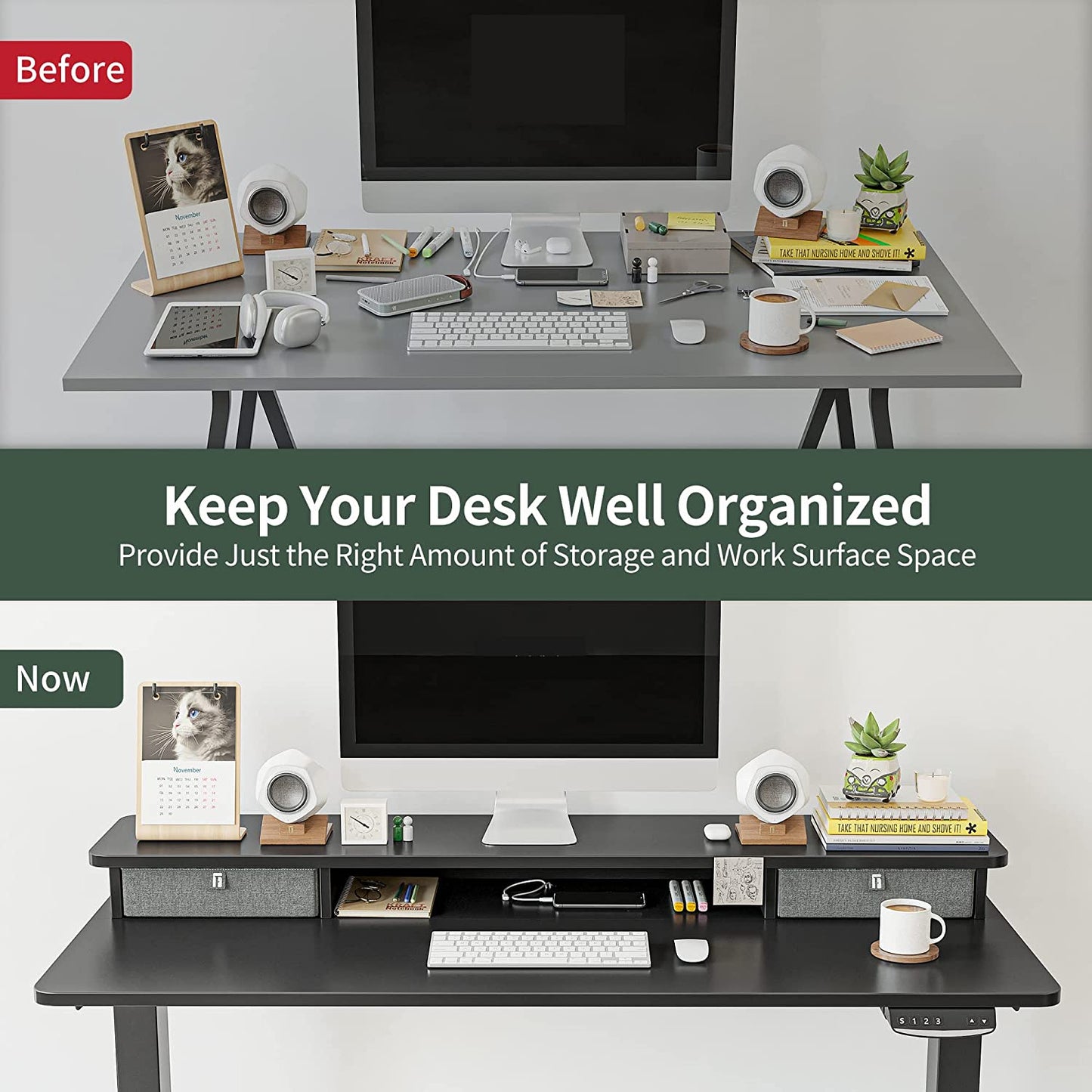 60 X 24 Inch Height Adjustable Electric Standing Desk with Double Drawer, Stand up Desk with Storage Shelf, Sit Stand Desk, Black