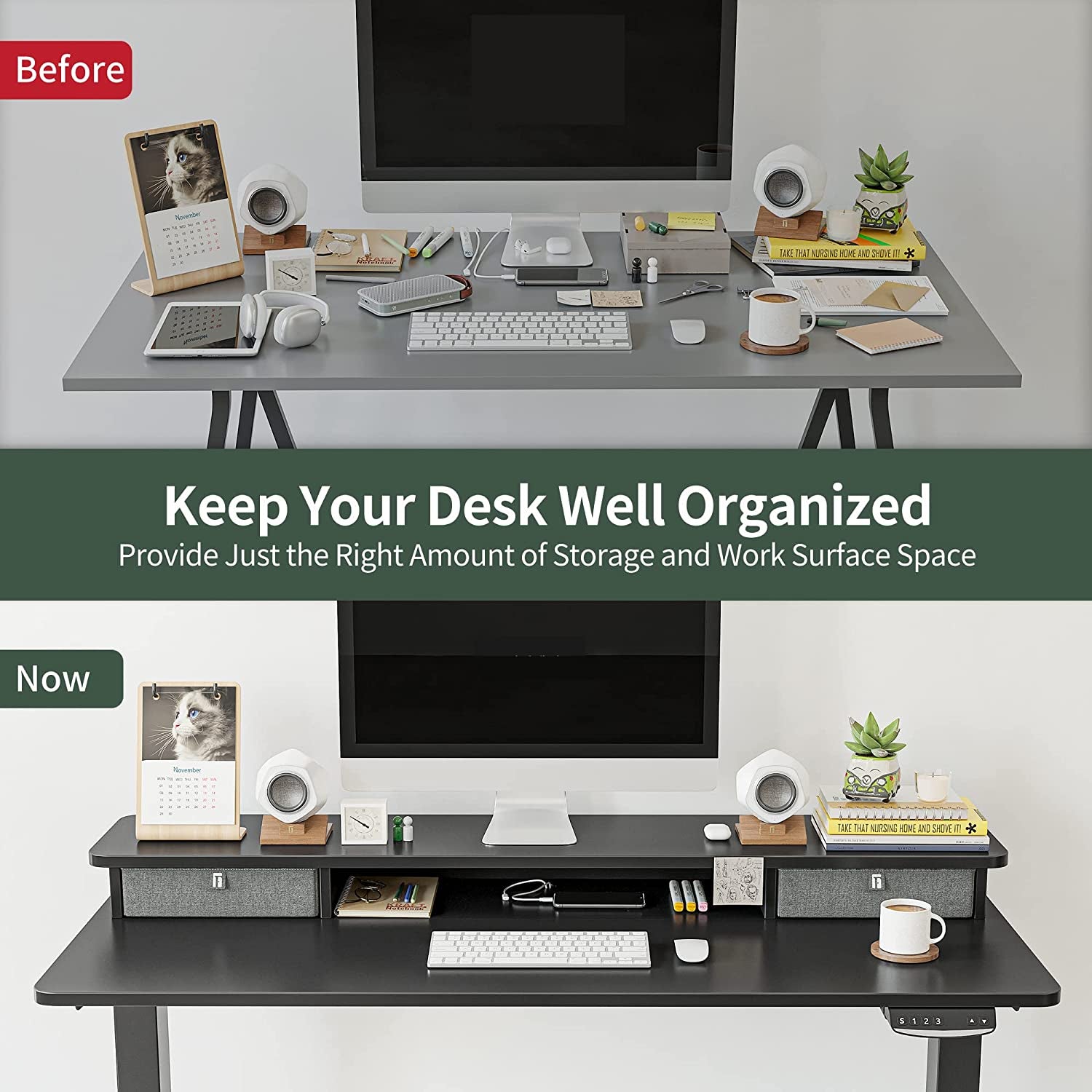 60 X 24 Inch Height Adjustable Electric Standing Desk with Double Drawer, Stand up Desk with Storage Shelf, Sit Stand Desk, Black