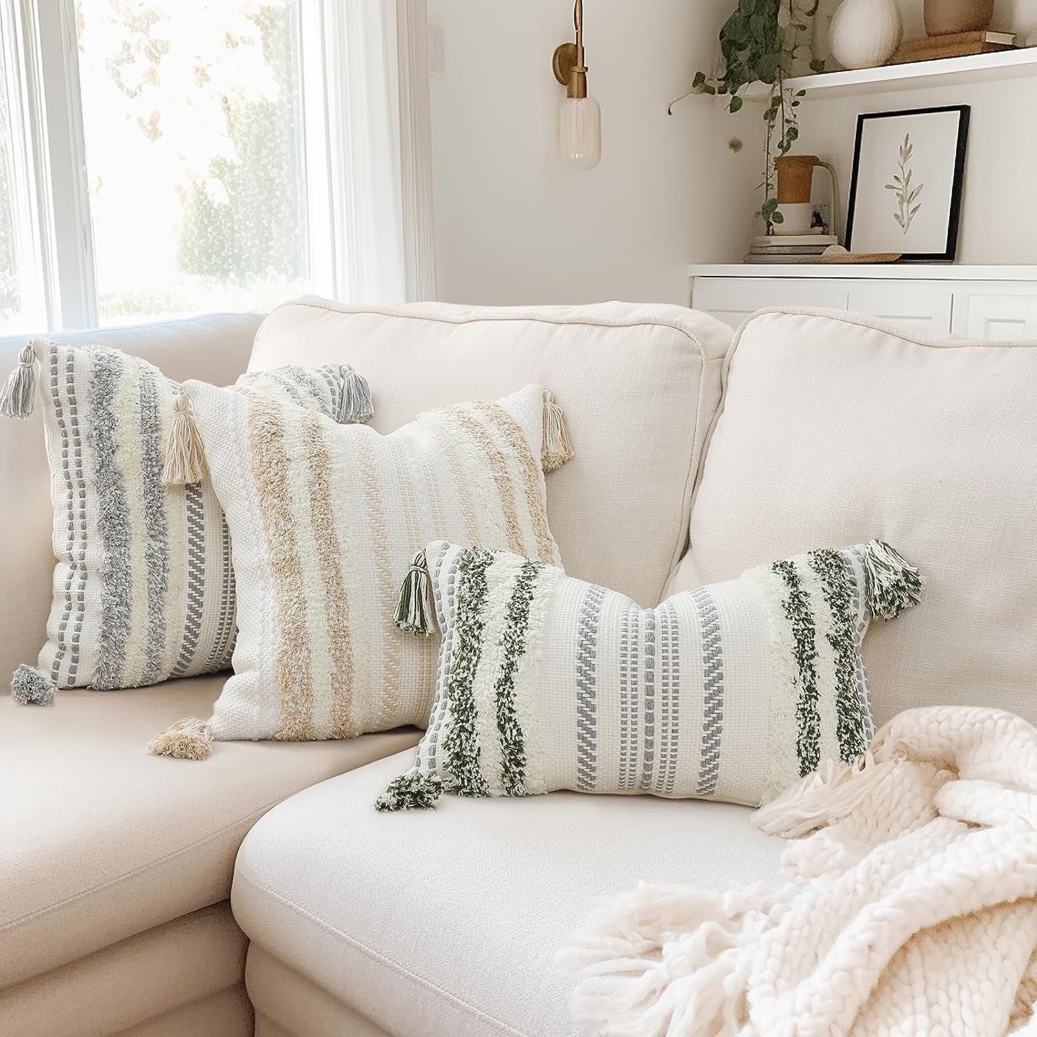 Decorative Boho Throw Pillow Covers 12X20, Lumbar Accent Neutral Tufted Pillow Covers for Couch Bed Sofa, Textured Striped Pillow Covers, Green and Cream White, Pack of 1