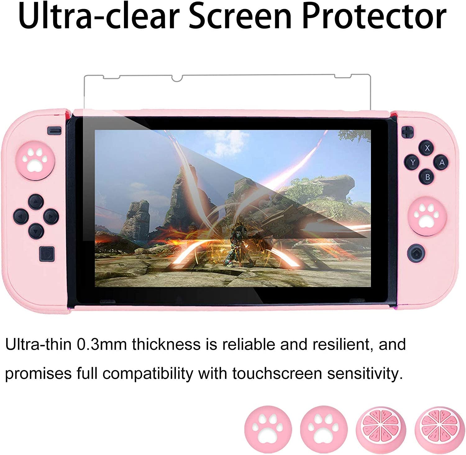 Protector Case for Nintendo Switch Cover Case with Glass Screen Protector, Anti-Scratch Shock-Absorption Grip Cover-Pink