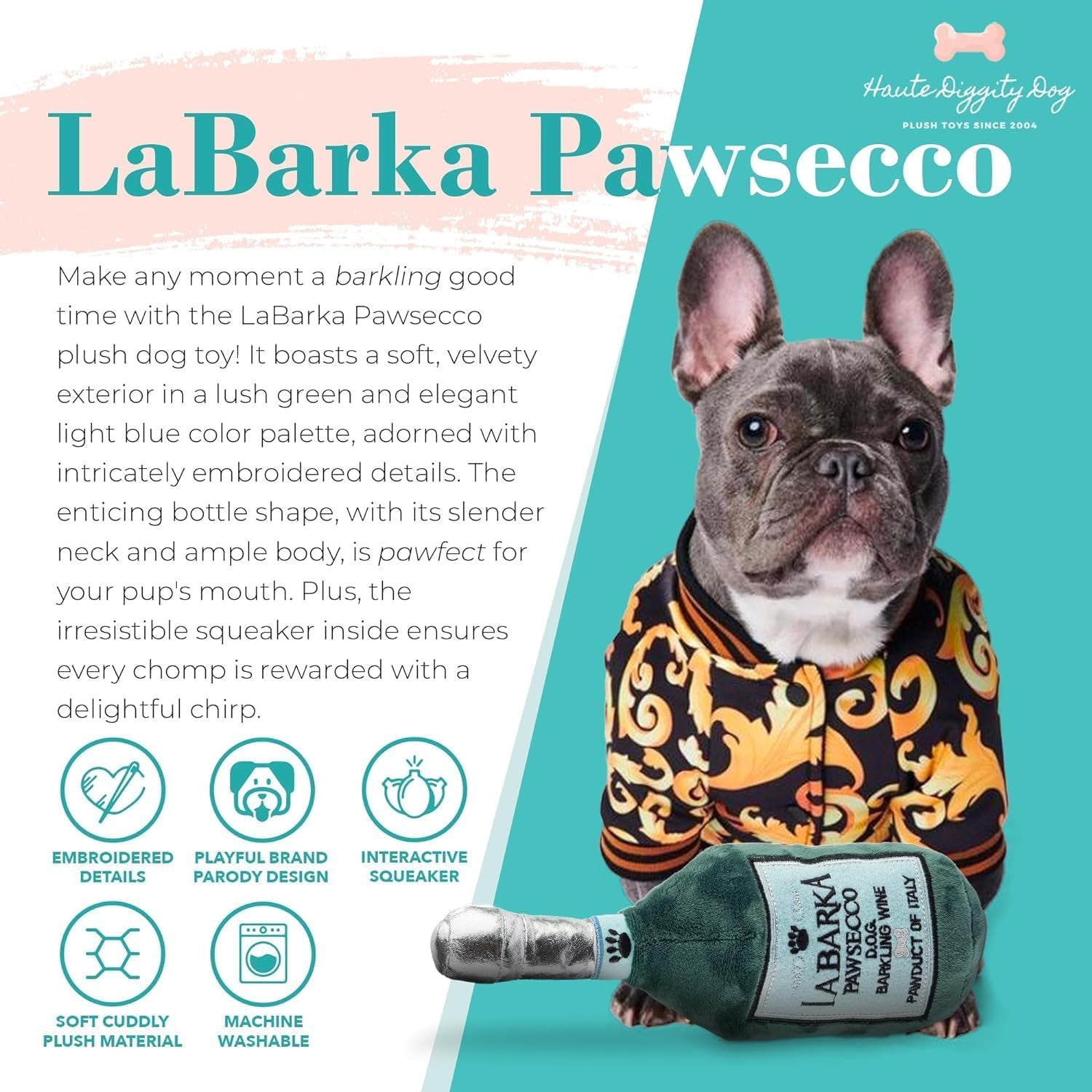 Labarka Pawsecco, Plush Designer Dog Toys with Interactive Squeaker, Stimulating Pet Enrichment, Machine-Washable & Safe Materials for All Breeds, One Size