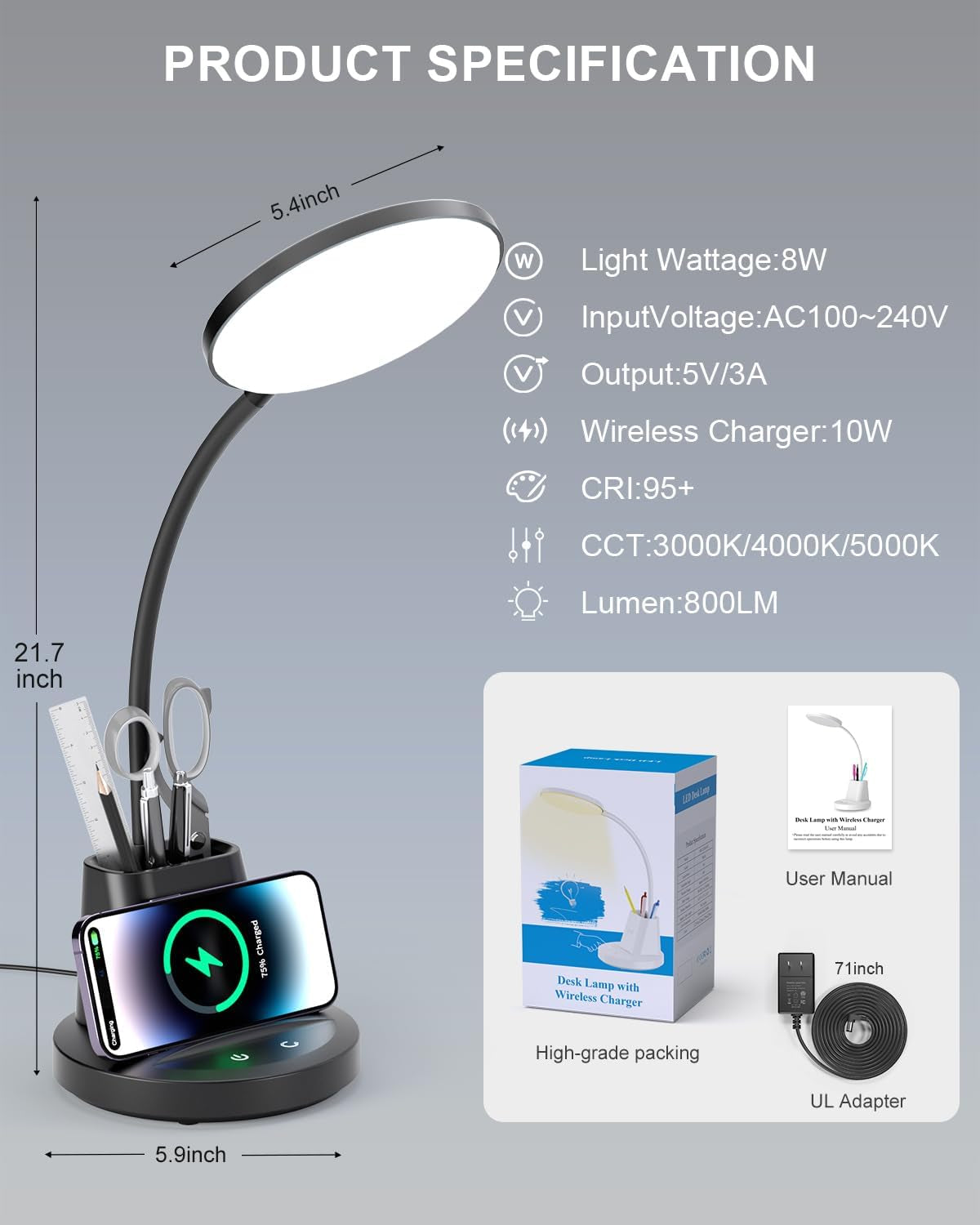 Desk Lamp with Wireless Charger for Home Office, Eye-Caring Reading Lamp 3 Color Modes Stepless Dimming LED Desk Lamp, Touch Table Lamp with Phone & Pen Holder, CRI90+, AC Adapter Included