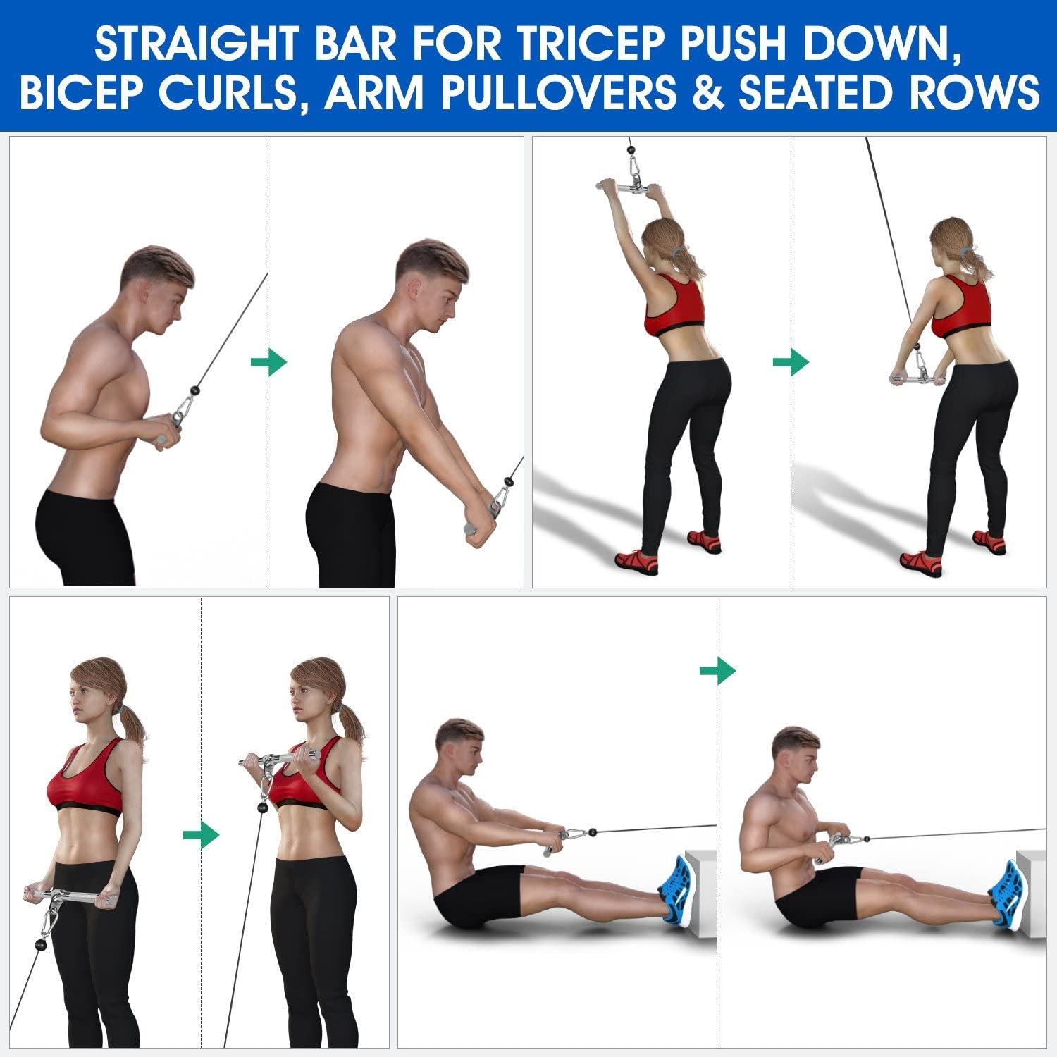 Tricep Press down Cable Machine Attachment Set, V-Shaped Bar, LAT Pull down Straight Rotating Bar for Home Gym