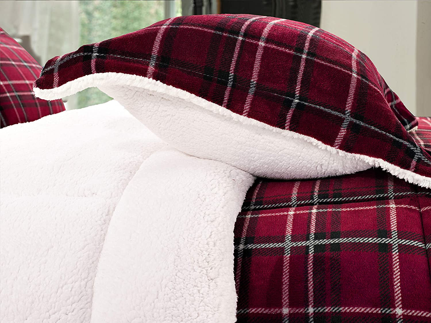 Softest, Coziest Heavy Weight Plaid Pattern Micromink Sherpa-Backing Premium Quality down down Alternative Micro-Suede 3-Piece Reversible Comforter Set, King/Cal King, Burgundy