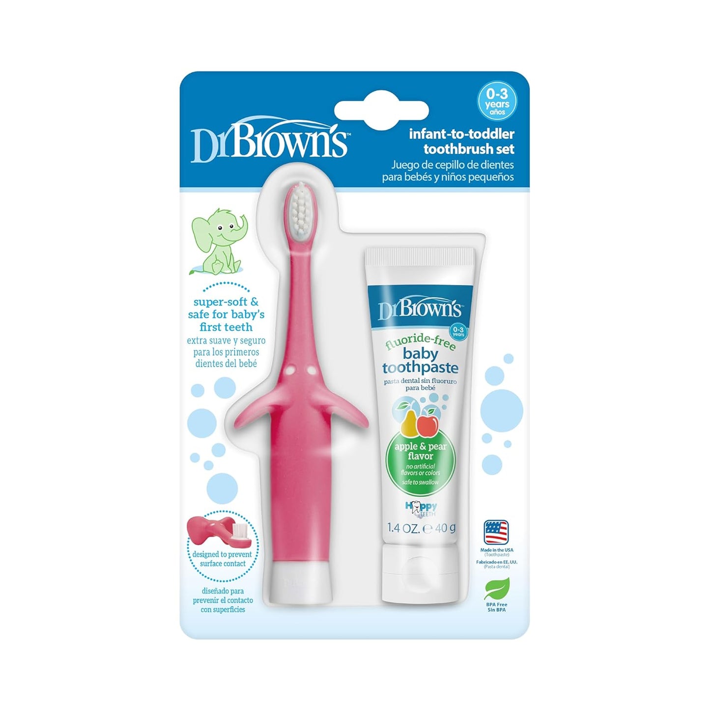 Infant-To-Toddler Training Toothbrush Set, Pink Elephant with Fluoride-Free Apple Pear Baby Toothpaste, 0-3 Years (Colors May Vary)