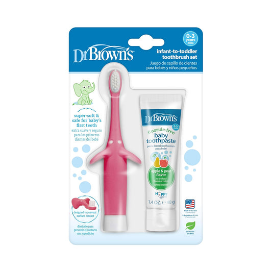Infant-To-Toddler Training Toothbrush Set, Pink Elephant with Fluoride-Free Apple Pear Baby Toothpaste, 0-3 Years (Colors May Vary)