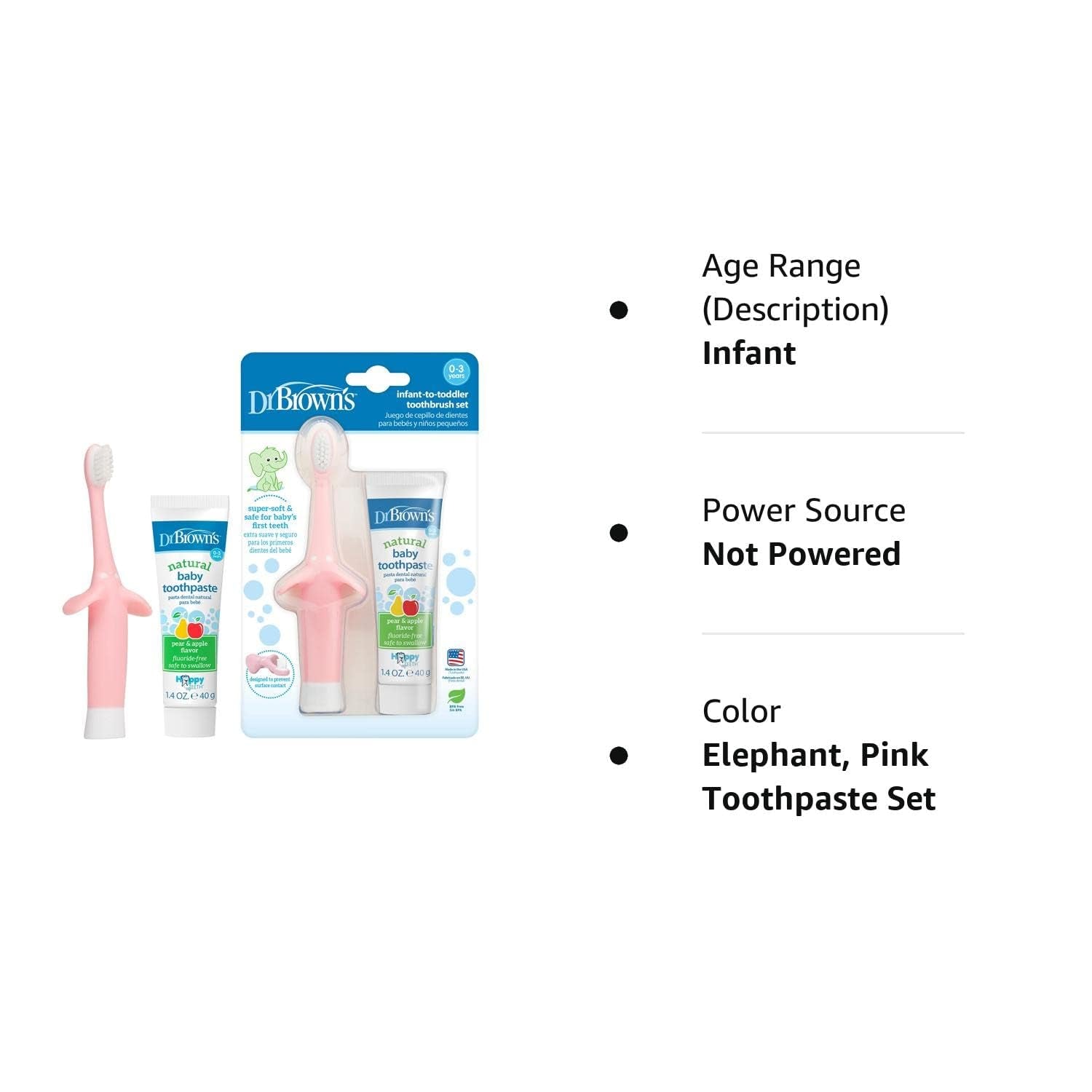 Infant-To-Toddler Training Toothbrush Set, Pink Elephant with Fluoride-Free Apple Pear Baby Toothpaste, 0-3 Years (Colors May Vary)