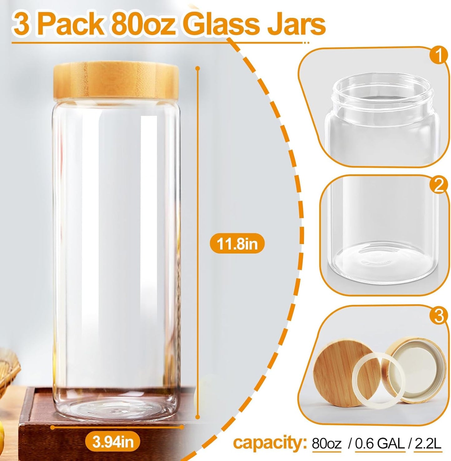 Glass Storage Containers with Lids, Glass Jars with Airtight Lid for Cookie, Pasta, Rice, Cereal, Flour Sugar Containers Storage, 3Pcs 80Oz Kitchen Canisters with Screw on Bamboo Lid