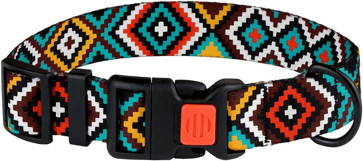 Purple Geometric Dog Collar, Pet Collar for Small Medium Large Dogs or Puppies with Quick Release Buckle, Yellow Orange Pattern, Adjustable Nylon (Teal, Neck Fit 10"-13")