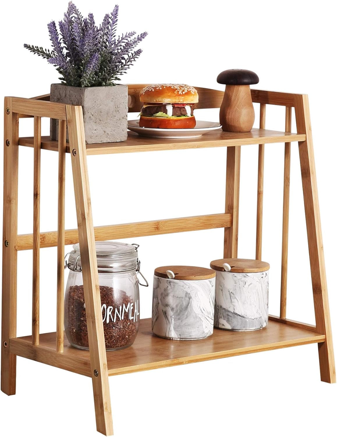Bamboo Spice Rack Storage Shelves-2 Tier Countertop Storage Organizer for Kitchen&Bathroom,Makeup Organizer Display Shelf Standing Pantry Shelf, Desktop Book Shelf, Bottle Jars Rack Holder(Sector)