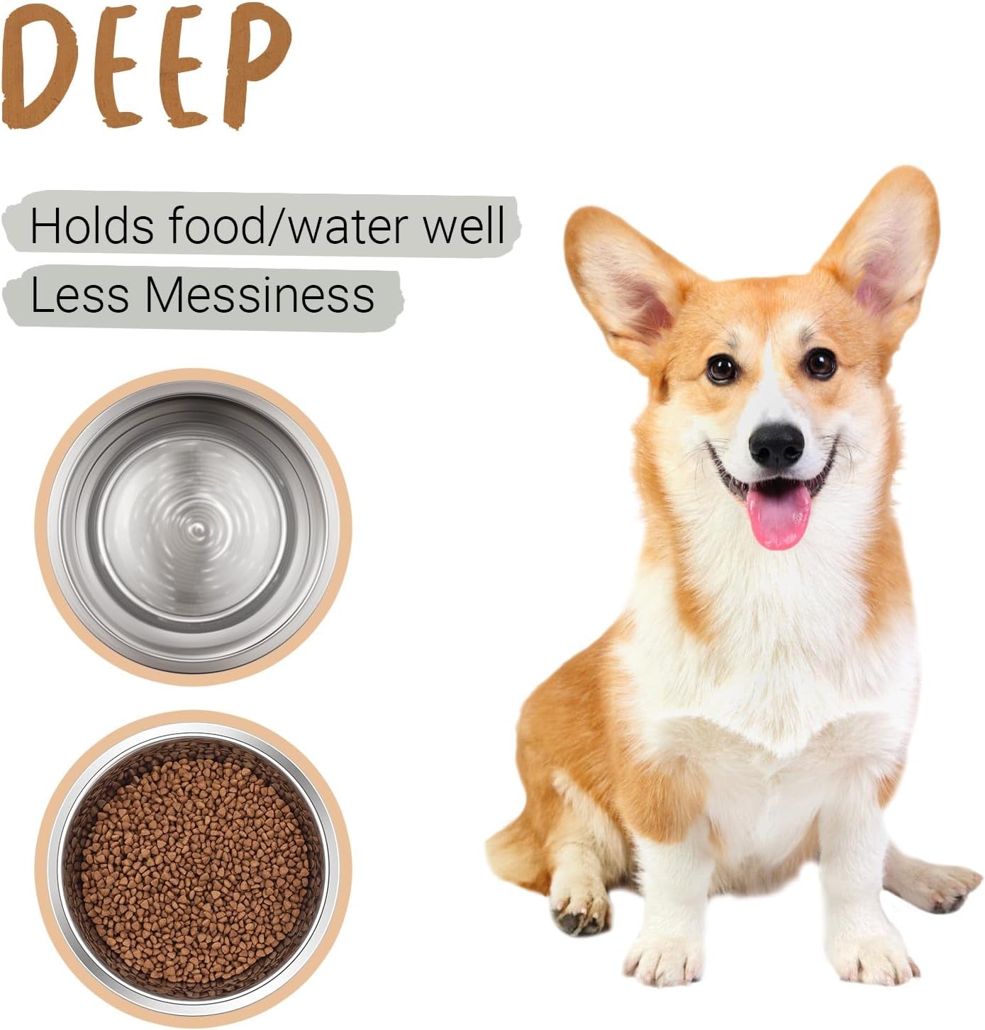 Deep Stainless Steel Anti-Slip Dog Bowls, 2 Pack, 3 Cups