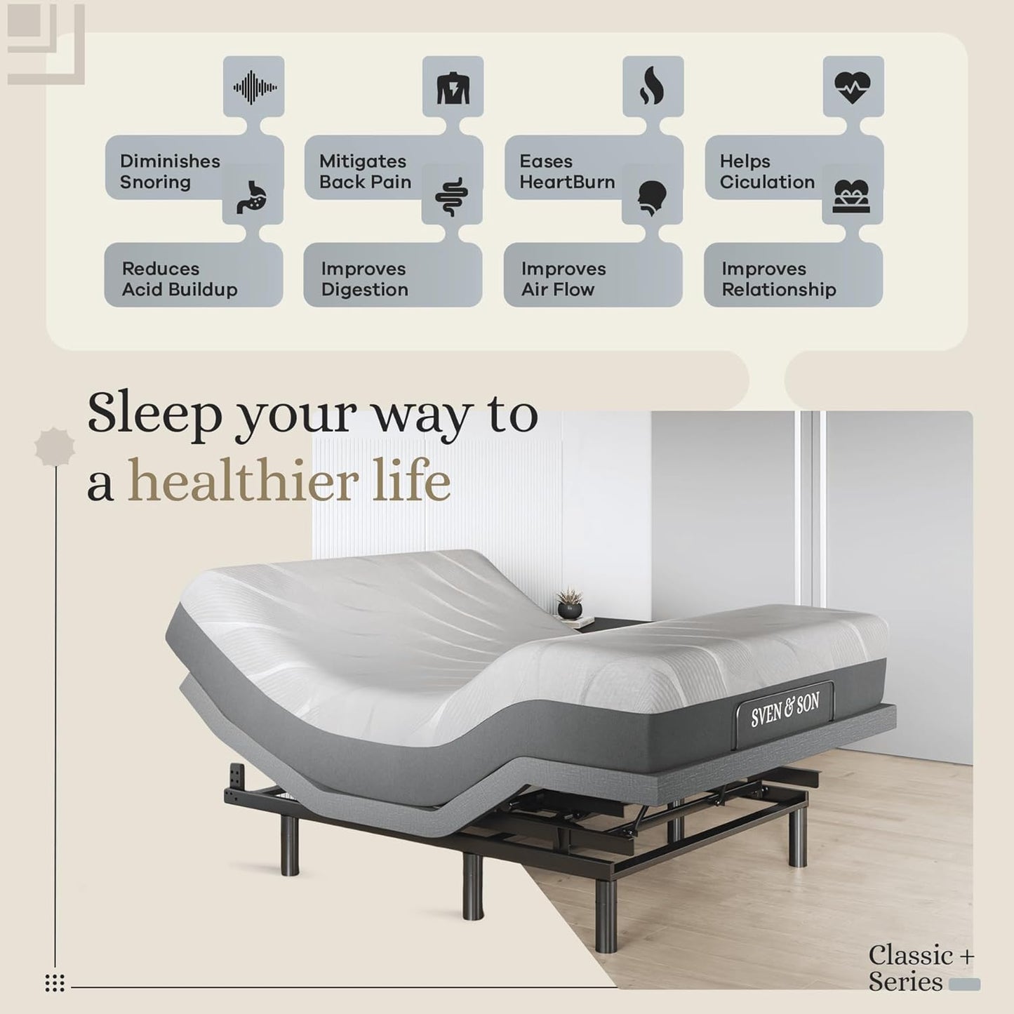 Classic plus (With Head-Tilt) Adjustable Bed Base-Frame + 10 Inch Memory Foam Matt (Firm), Head and Foot Lift, Massage, Under-Bed Lights, USB, Memory, Zero Gravity - Queen