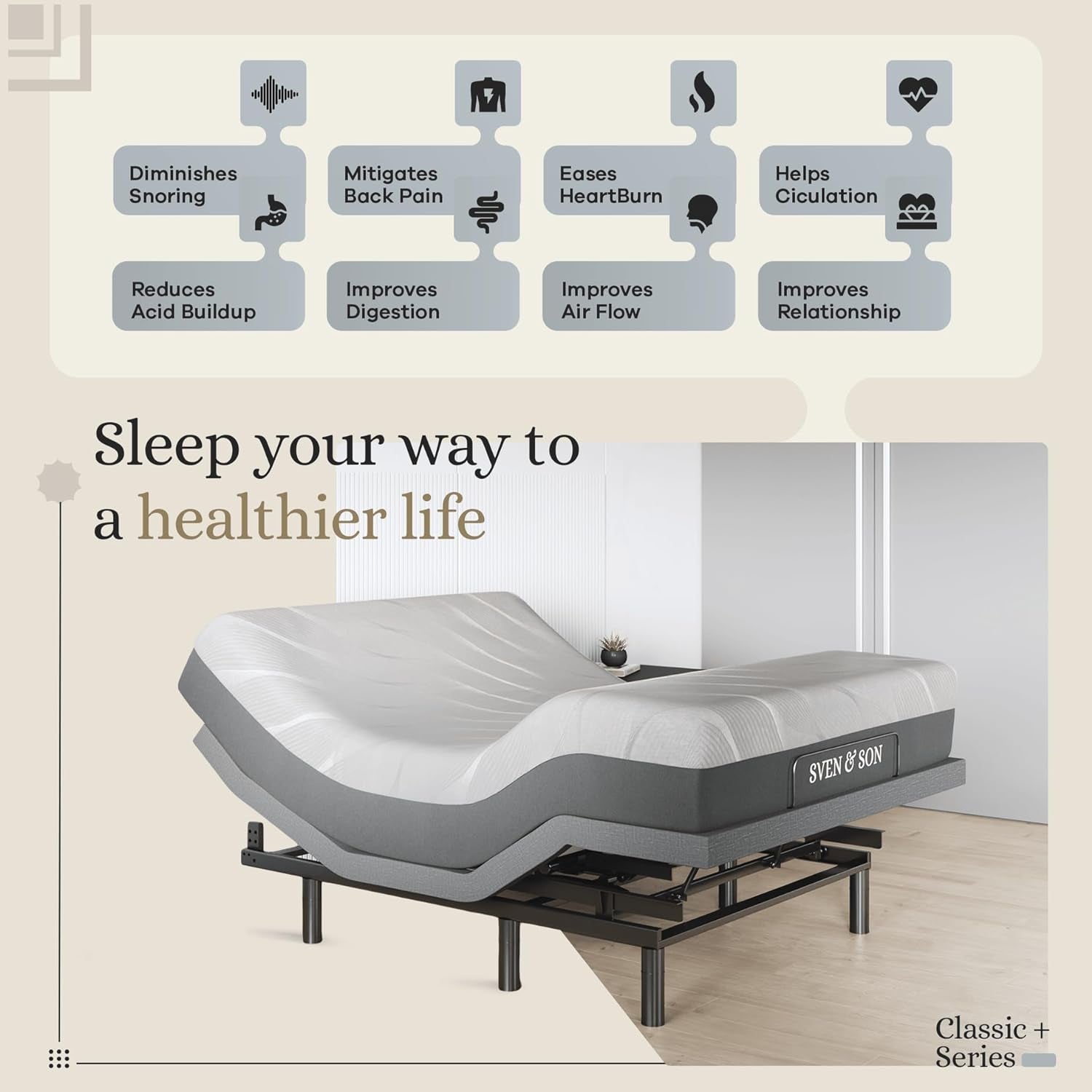 Classic plus (With Head-Tilt) Adjustable Bed Base-Frame + 10 Inch Memory Foam Matt (Firm), Head and Foot Lift, Massage, Under-Bed Lights, USB, Memory, Zero Gravity - Queen
