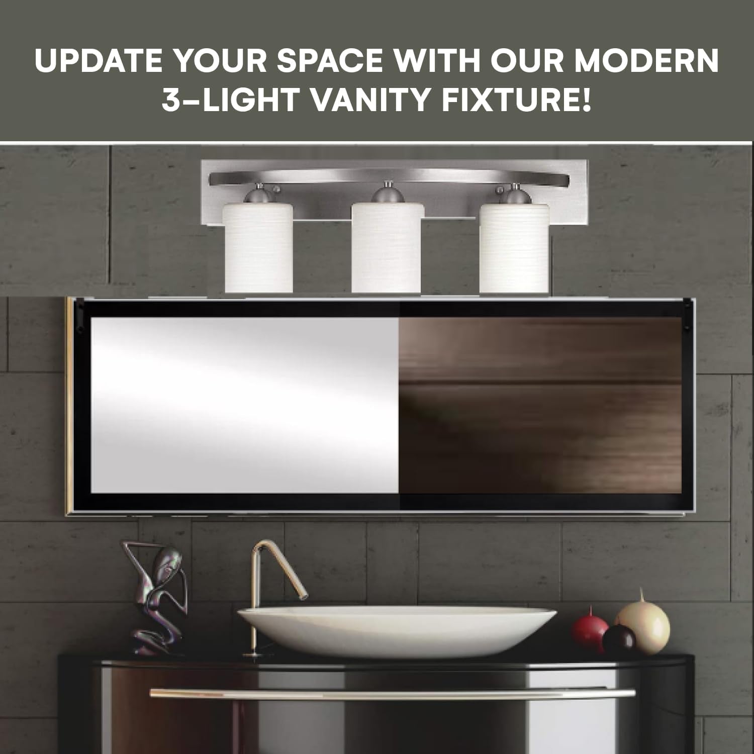 Bathroom Vanity Light Fxiture | Interior Bathroom Lighting Bar with Modern Milk Glass Shade | Bathroom Lights over Mirror | Oil Rubbed Bronze, 3Lights, E26 100W LED, Bulbs Not Included
