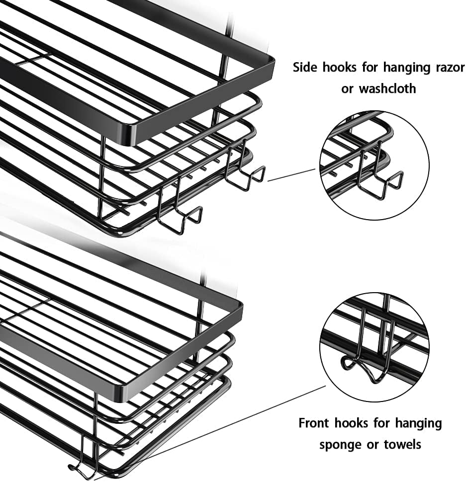 Shower Caddy with 5 Hooks for Hanging Razor and Sponge Adhesive Shower Shelf Basket Bathroom Storage Organizer Kitchen Rack No Drilling Stainless Steel Rustproof - 2 Pack,Black