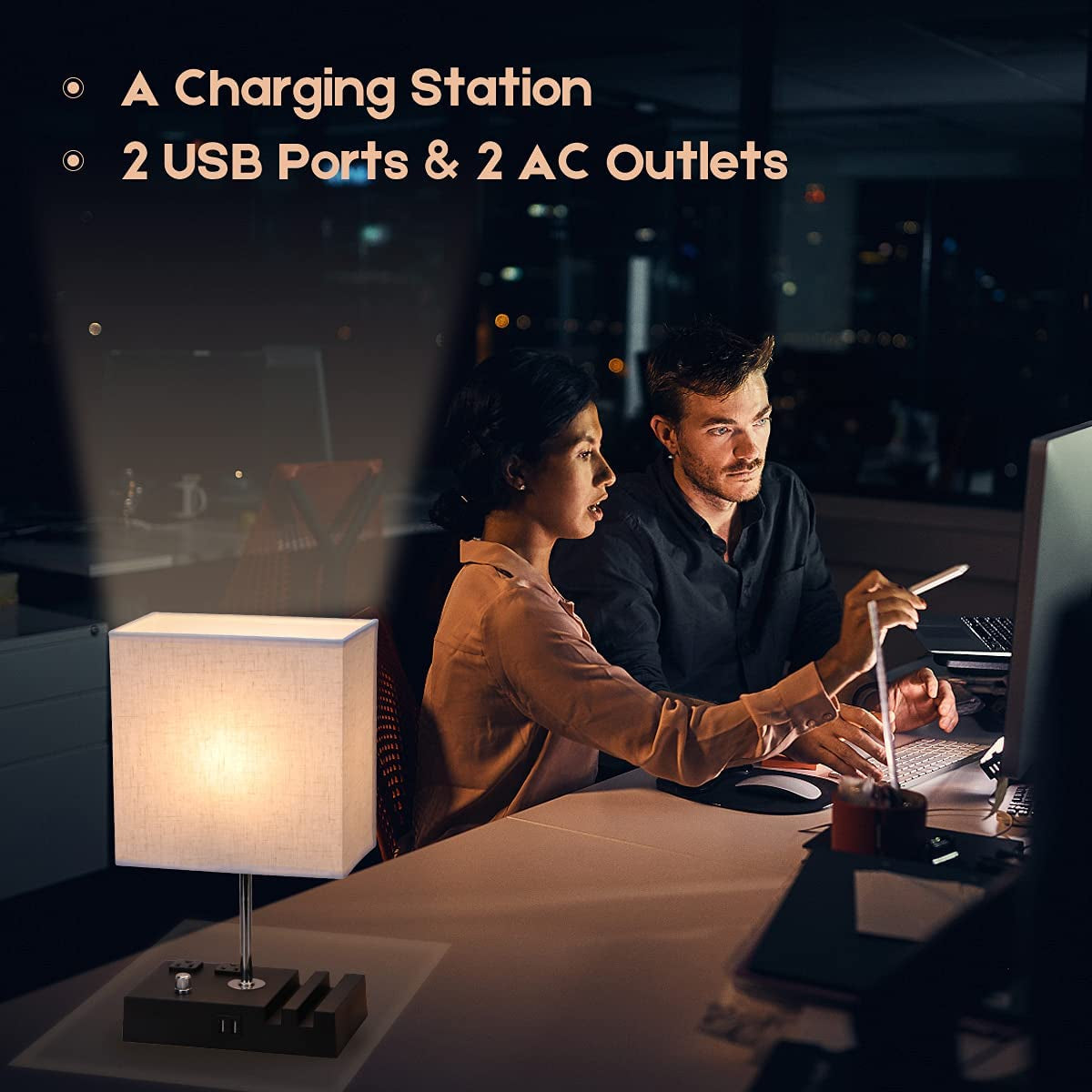 Fully Dimmable Table Lamp for Bedroom Living Room Dual USB Port Bedside Lamp for Nightstand Desk Lamps with Charging Station 2 Power Outlets, Fabric Lampshade LED Bulb Included (Black/Beige)