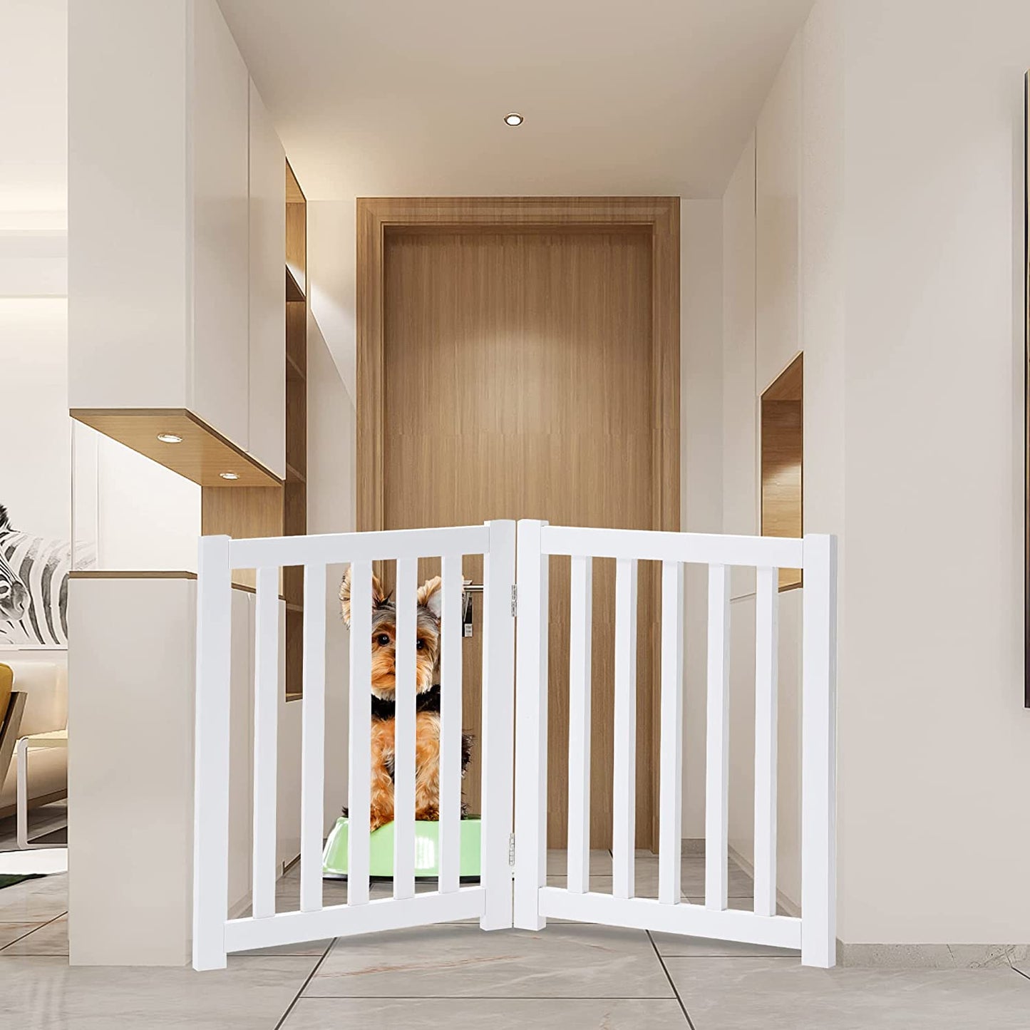 Solid Hardwood Freestanding Pet Gate,Wooden Dog Gates for Doorways,Nature Wood Dog Gates for the House,Dog Gate for Stairs,Freestanding Indoor Gate Safety Fence,White,24" Height-2 Panels