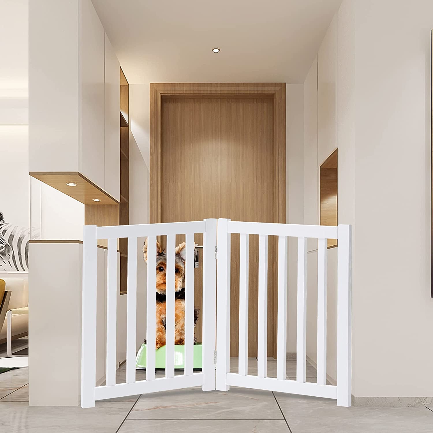 Solid Hardwood Freestanding Pet Gate,Wooden Dog Gates for Doorways,Nature Wood Dog Gates for the House,Dog Gate for Stairs,Freestanding Indoor Gate Safety Fence,White,24" Height-2 Panels