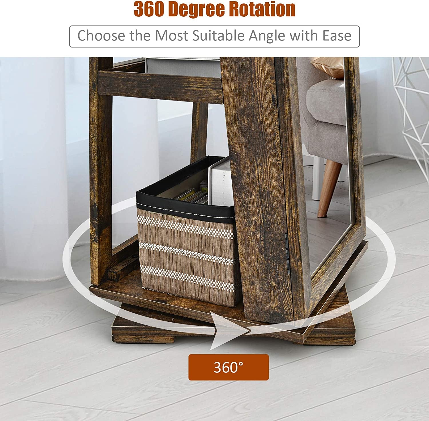 360° Swivel Jewelry Armoire with Higher Full Length Mirror, Standing Lockable Jewelry Cabinet Organizer, Large Storage Capacity, inside Makeup Mirror, Rear Storage Shelves (Rustic Brown)