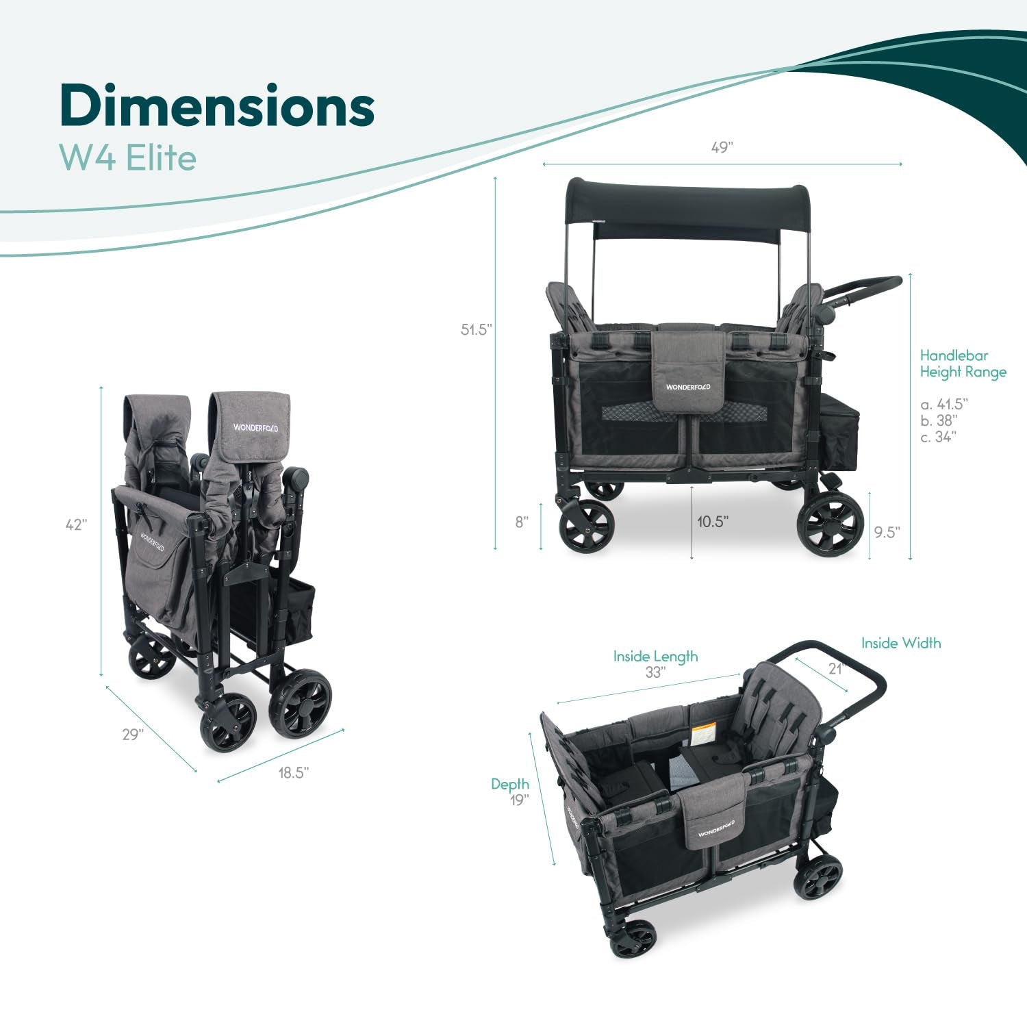 W4 Elite Quad Stroller Wagon Featuring 4 Seats with 5-Point Harnesses, Adjustable Push Handle, and Removable Uv-Protection Canopy, Charcoal Gray