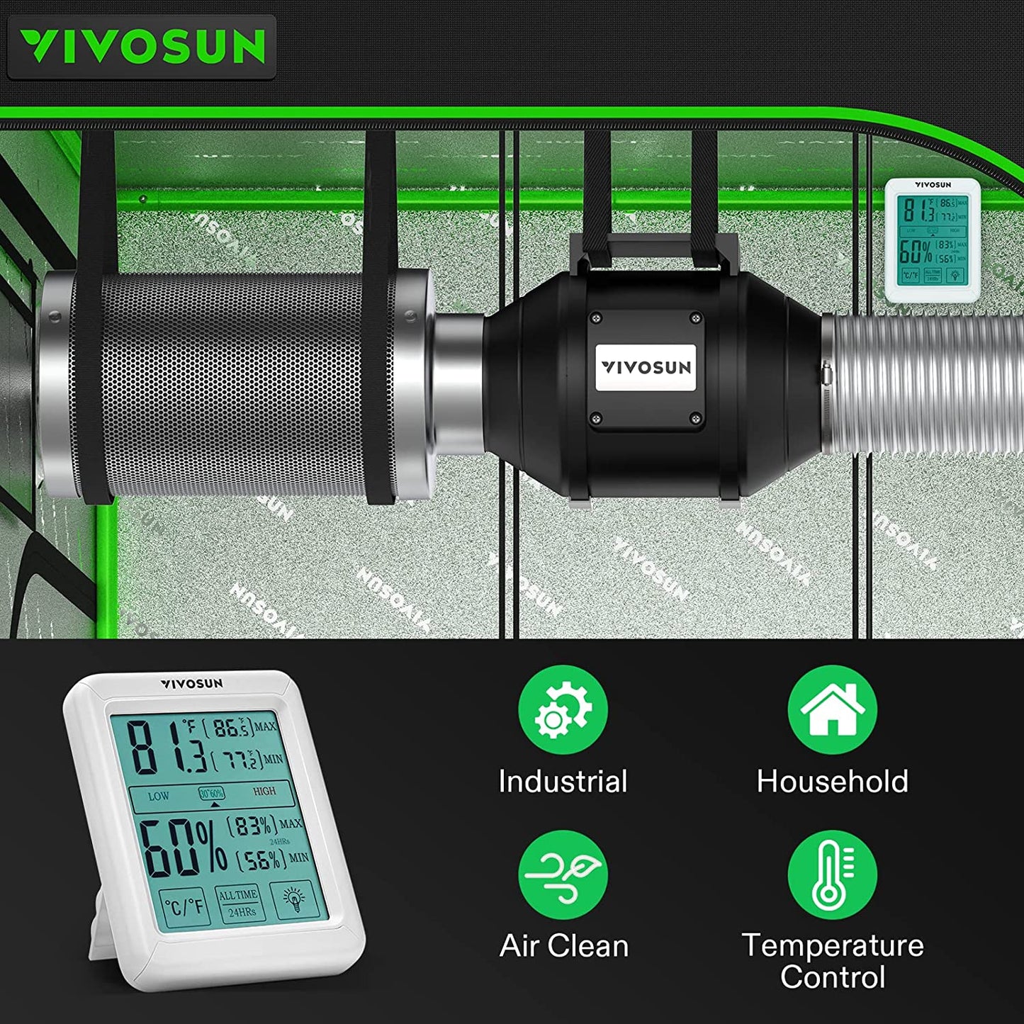 4 Inch 190 CFM Inline Fan with Speed Controller, 4 Inch Carbon Filter and 8 Feet of Ducting, Temperature Humidity Monitor for Grow Tent Ventilation